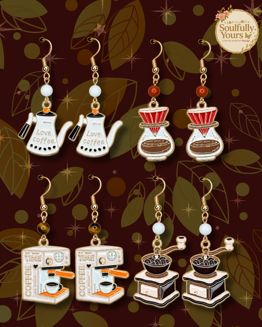 A New Drop! Golden Spice Café Coffee Lover Enamel Dangle Earrings☕🍂