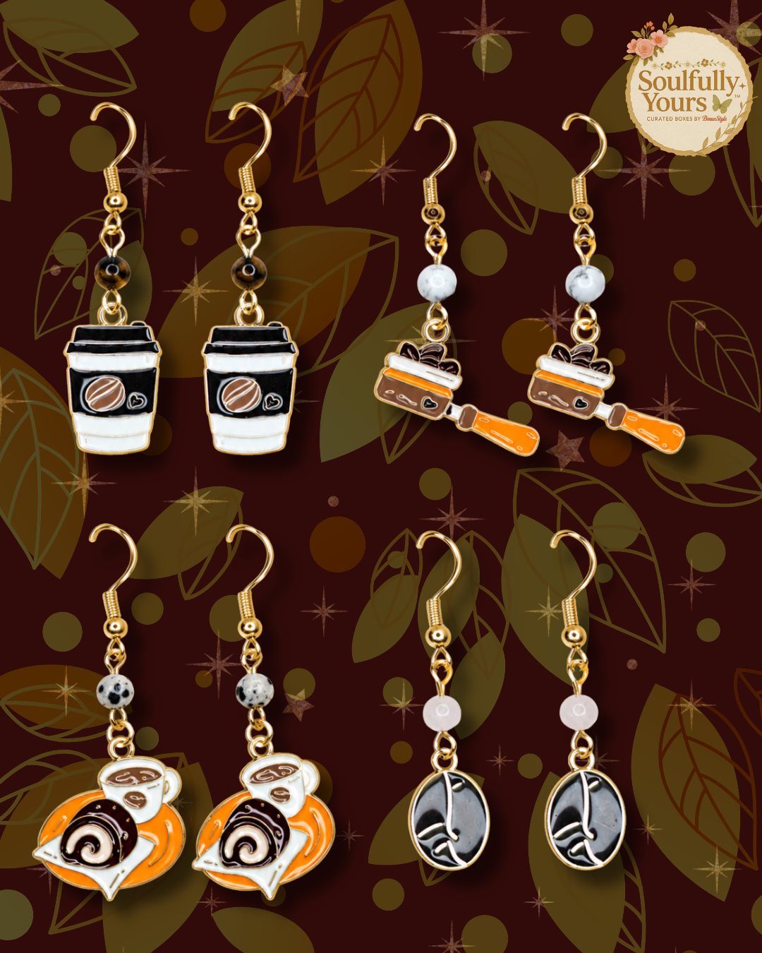 A New Drop! Golden Spice Café Coffee Lover Enamel Dangle Earrings☕🍂